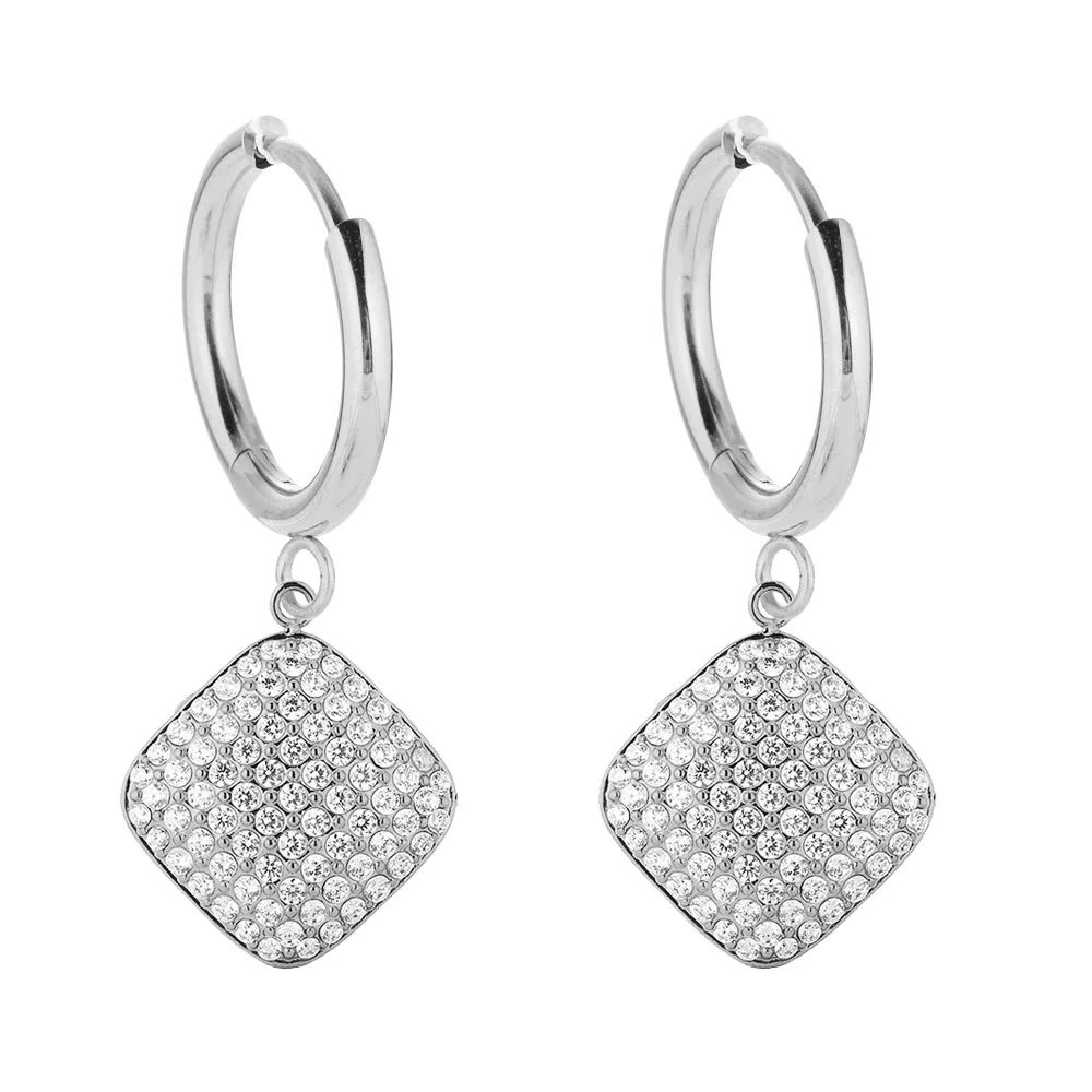 Polished 316 Stainless Steel Pavé Charm Huggie Earrings - Silver Large Rhombus CZ