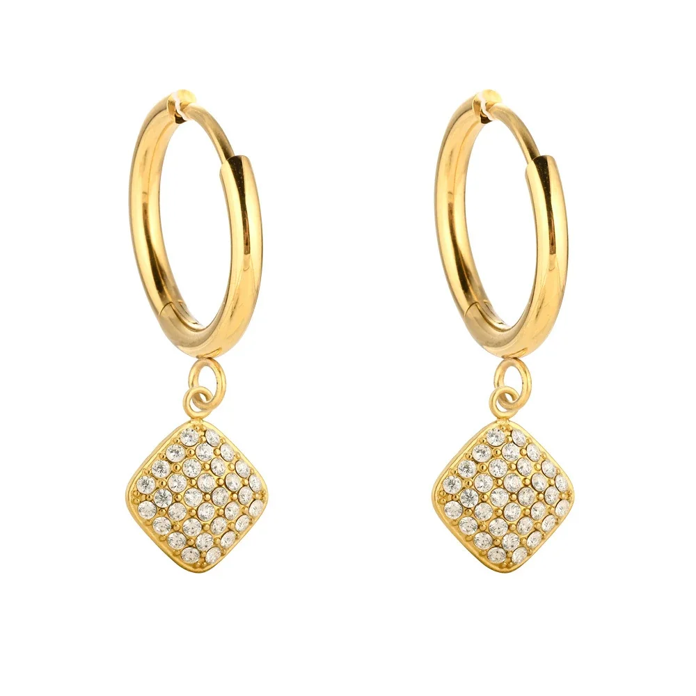 Polished 316 Stainless Steel Pavé Charm Huggie Earrings - Gold Small Rhombus CZ