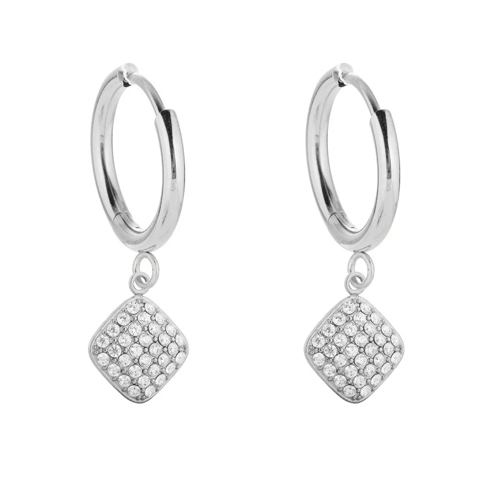 Polished 316 Stainless Steel Pavé Charm Huggie Earrings - Silver Small Rhombus CZ