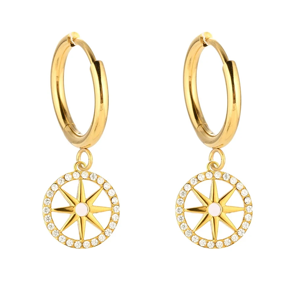 Polished 316 Stainless Steel Pavé Charm Huggie Earrings - Gold -Point Star CZ