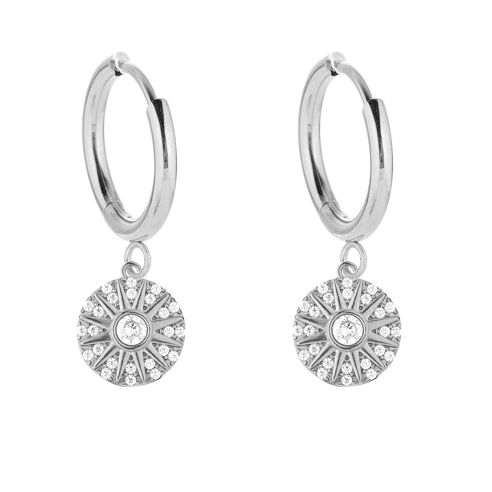 Polished 316 Stainless Steel Pavé Charm Huggie Earrings - Silver Sunburst CZ