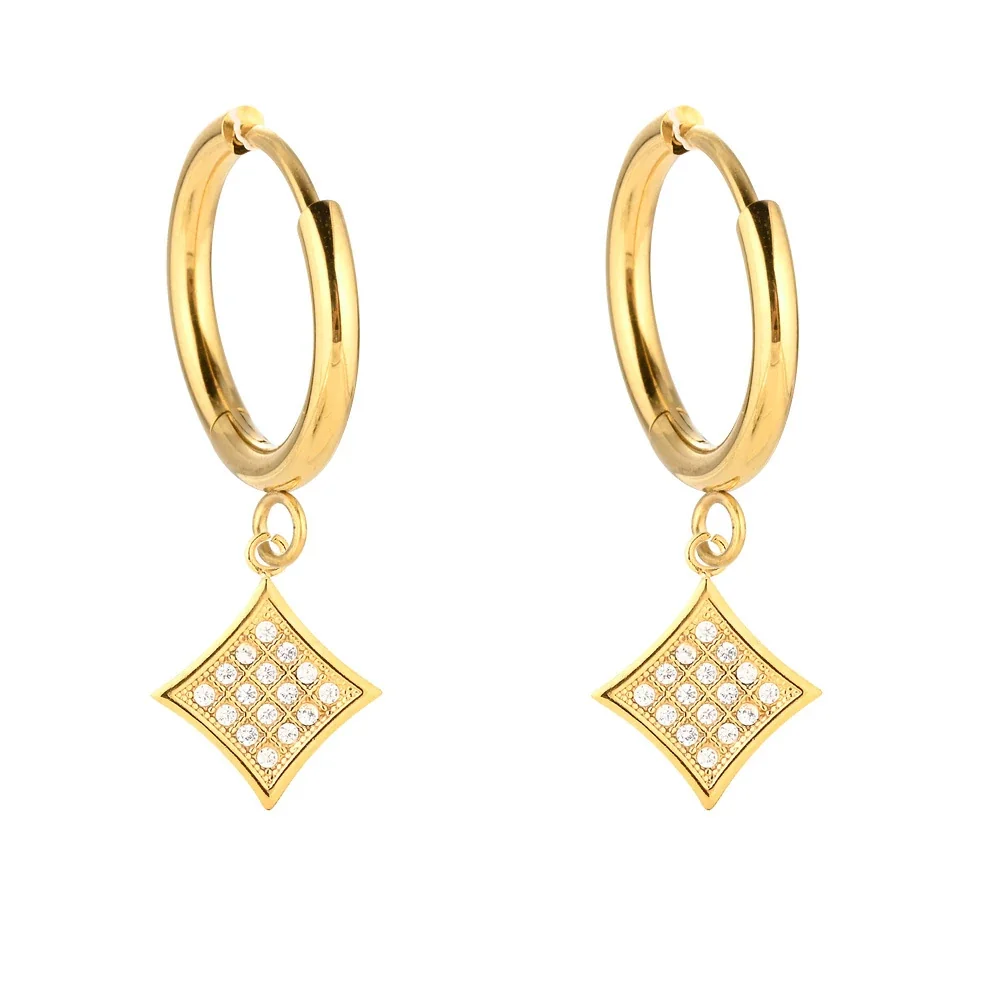 Polished 316 Stainless Steel Pavé Charm Huggie Earrings - Gold Leaf CZ