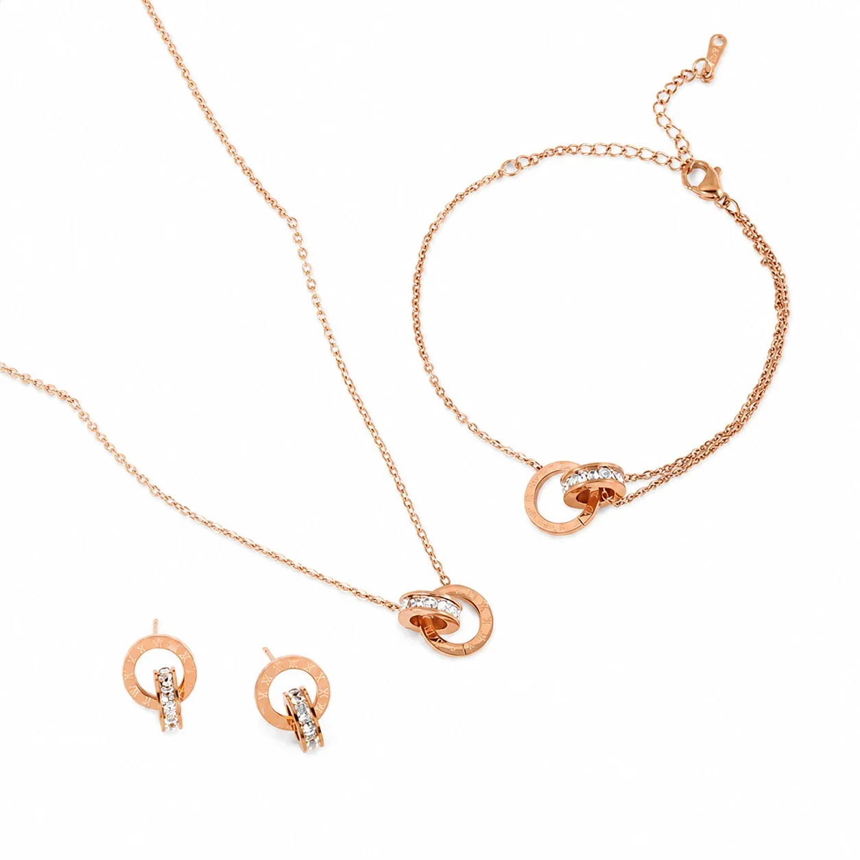 Polished Stainless Steel Roman Double Ring Jewelry Set