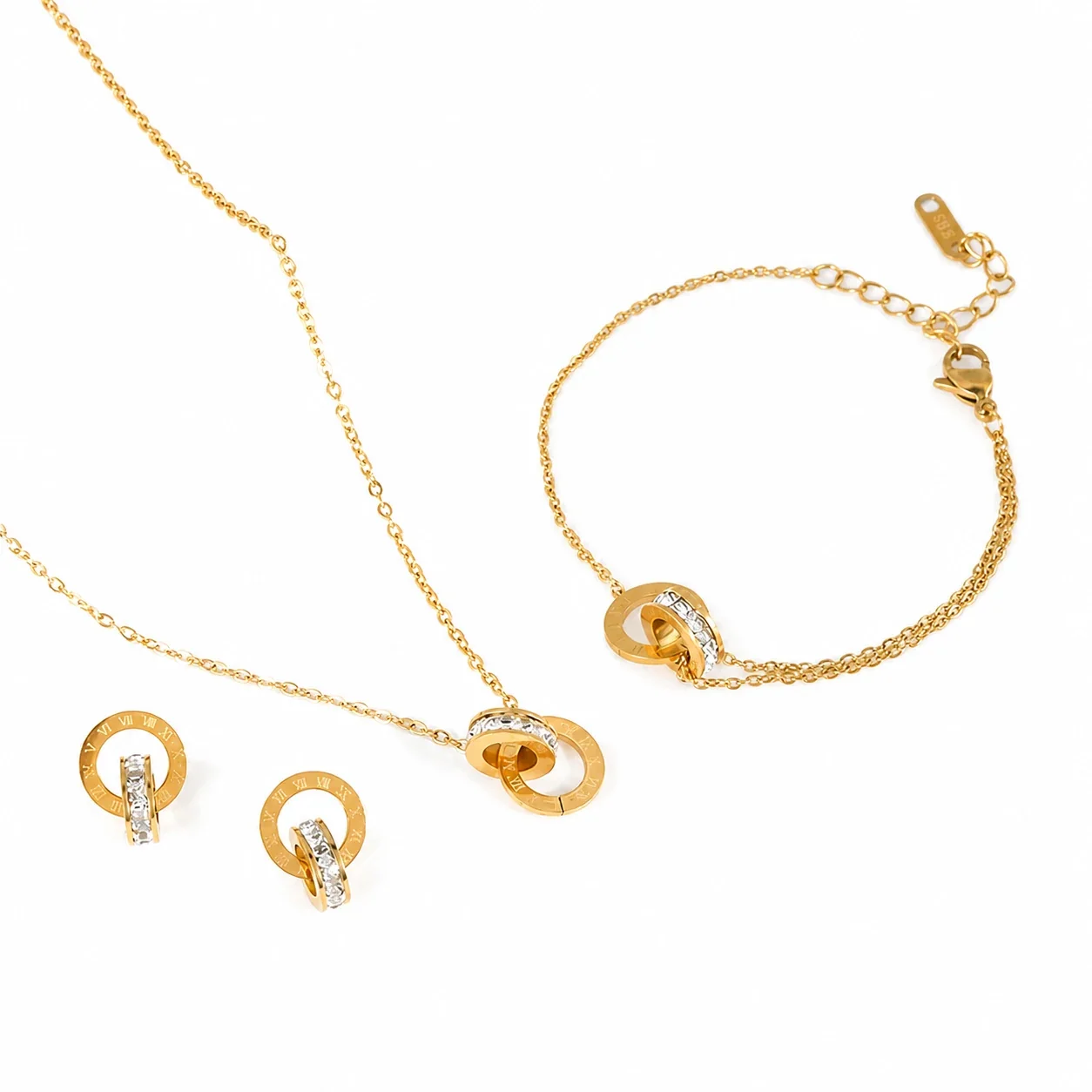 Polished Stainless Steel Roman Double Ring Jewelry Set