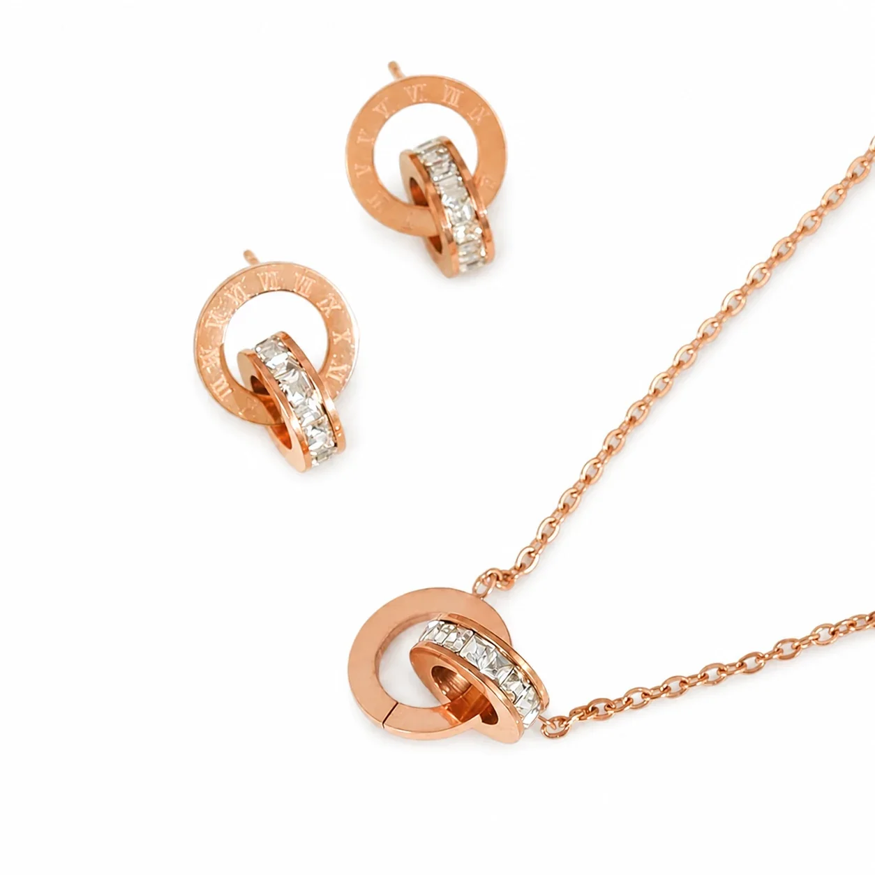 Polished Stainless Steel Roman Double Ring Jewelry Set