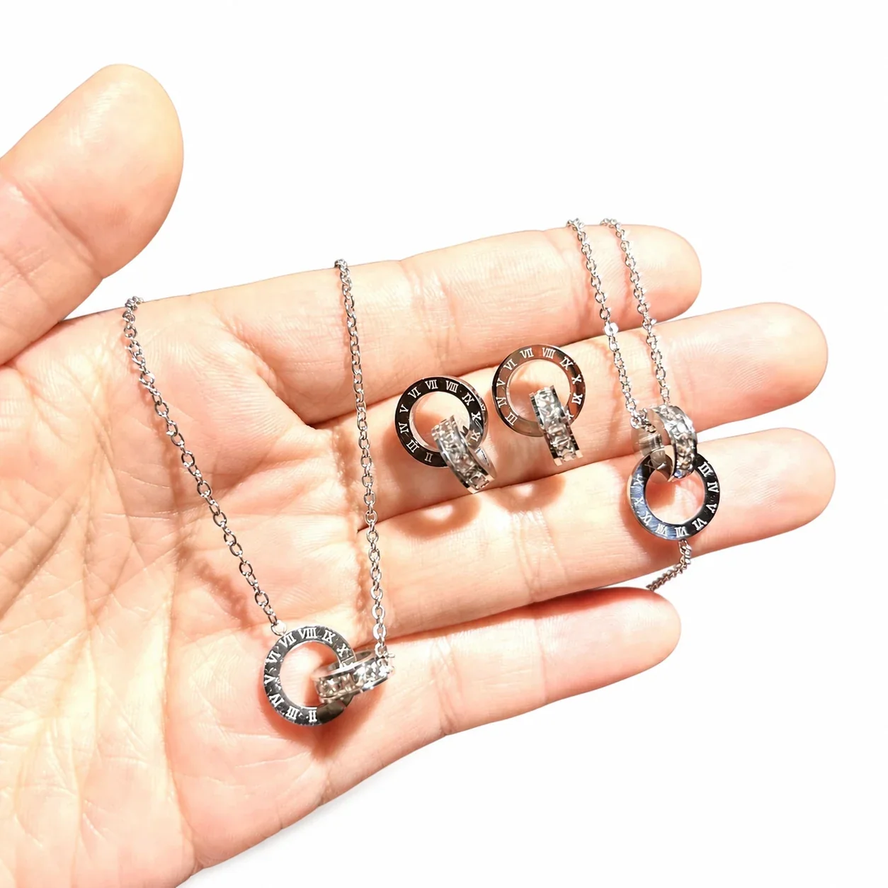 Polished Stainless Steel Roman Double Ring Jewelry Set - Silver Roman Double