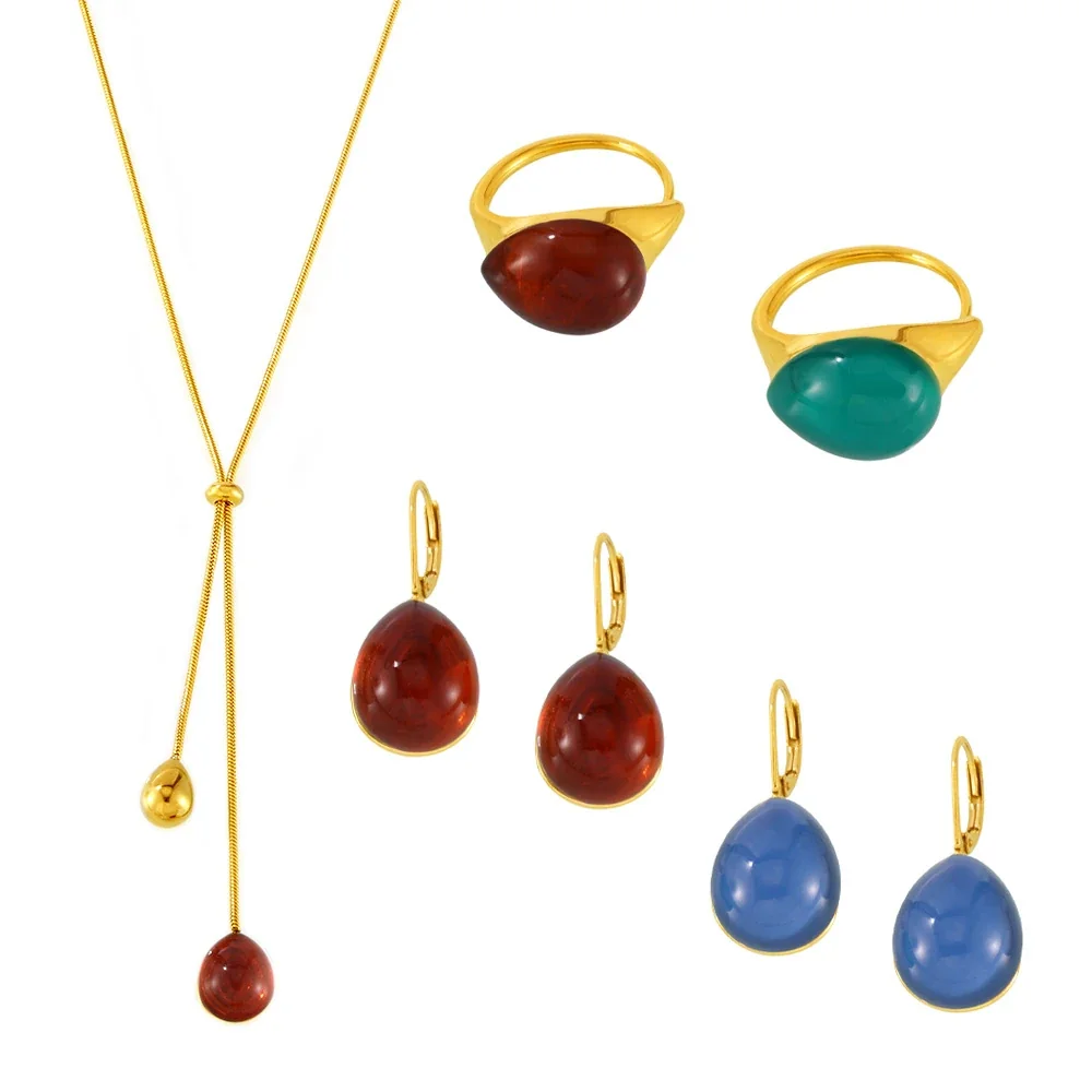 Lariat Necklace with Teardrop Resin Drop, Gold-Plated Steel
