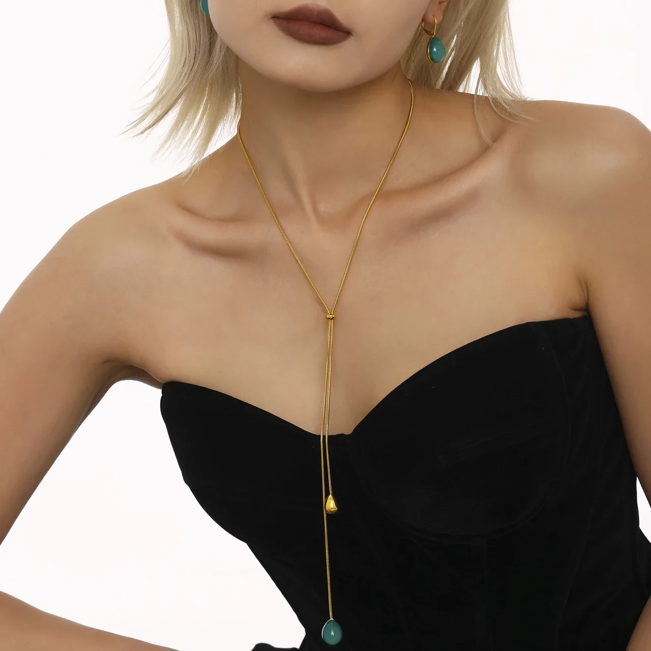 Lariat Necklace with Teardrop Resin Drop, Gold-Plated Steel