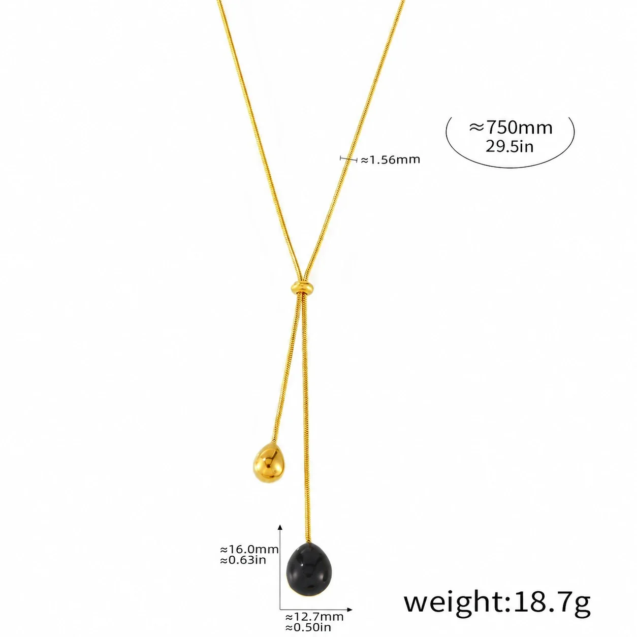 Lariat Necklace with Teardrop Resin Drop, Gold-Plated Steel - Black Resin