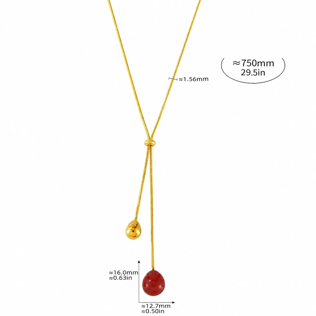 Lariat Necklace with Teardrop Resin Drop, Gold-Plated Steel - Red Resin