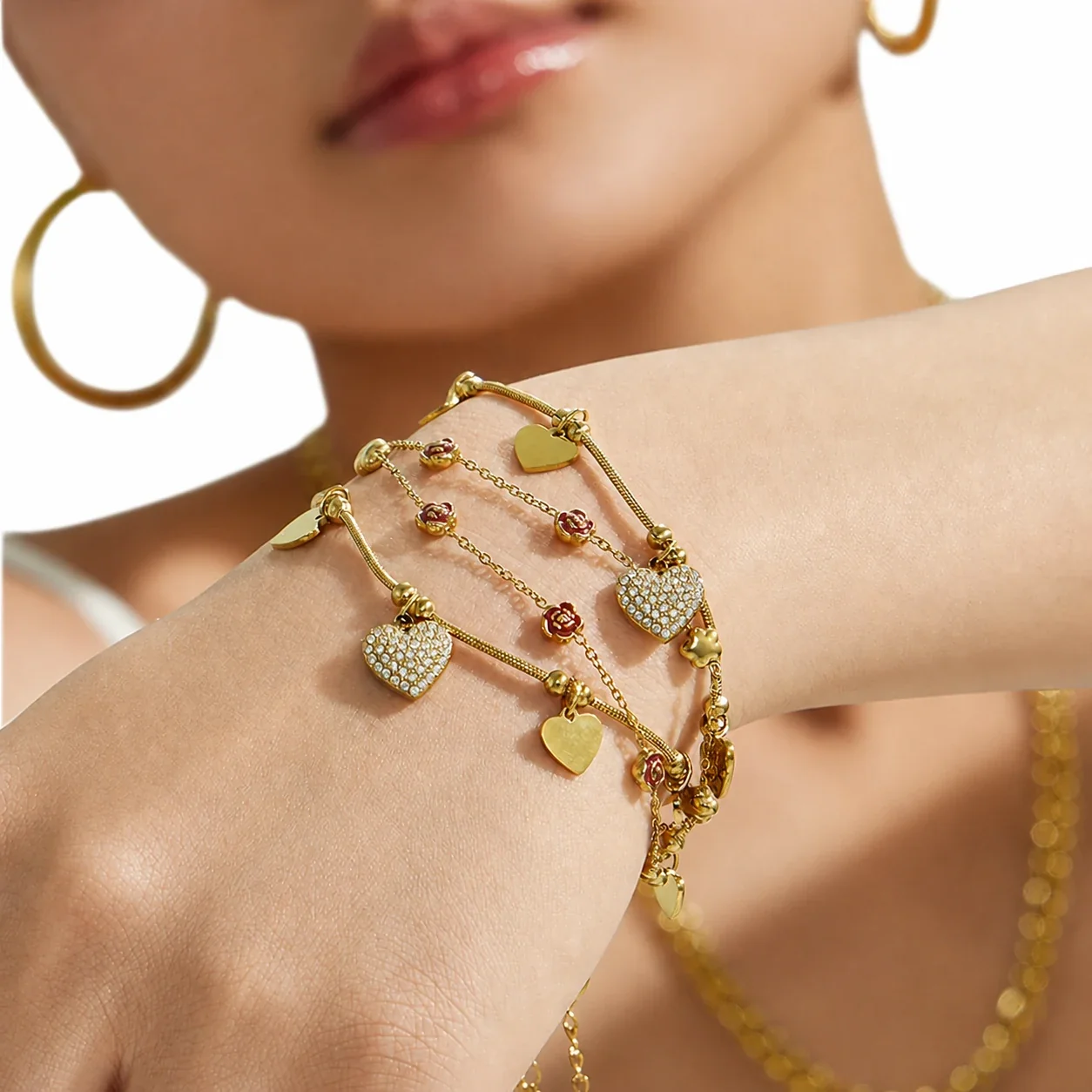 Romantic Heart Charm Rose 316L 18K Gold-Plated Bracelet