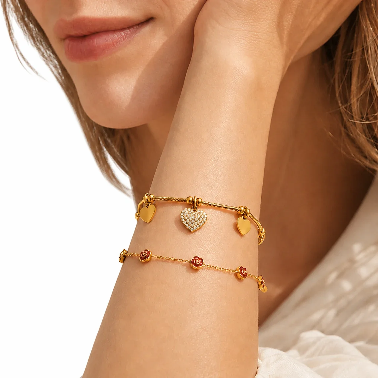 Romantic Heart Charm Rose 316L 18K Gold-Plated Bracelet