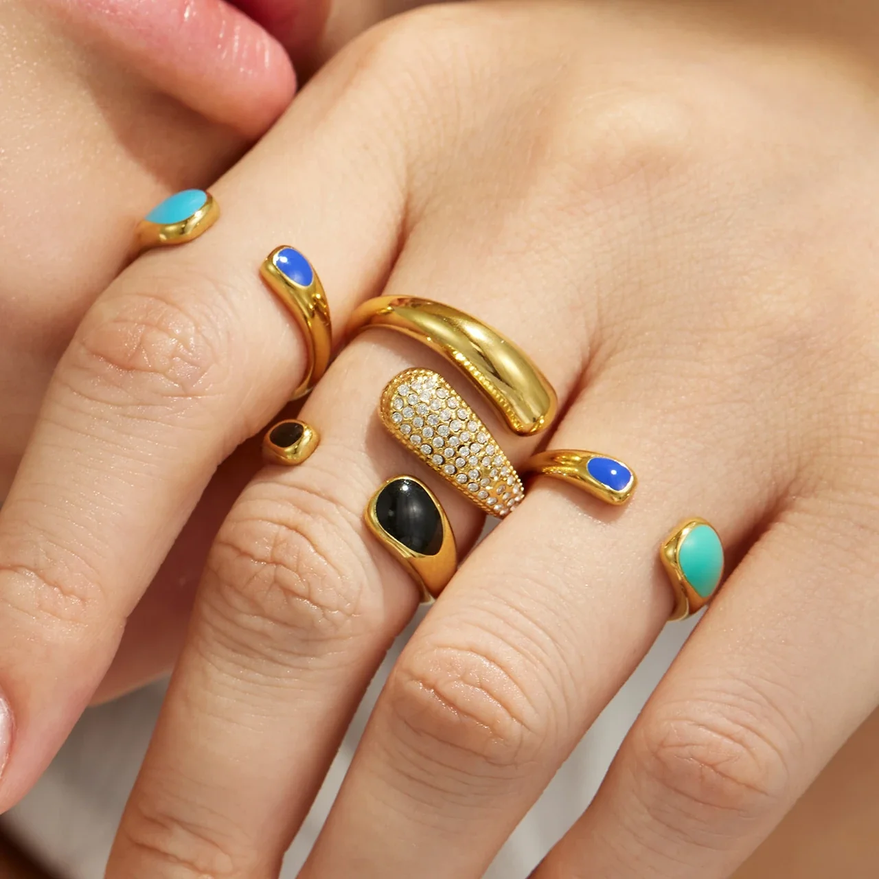 Open Ring with Teardrop Ends and Pavé Stainless Steel