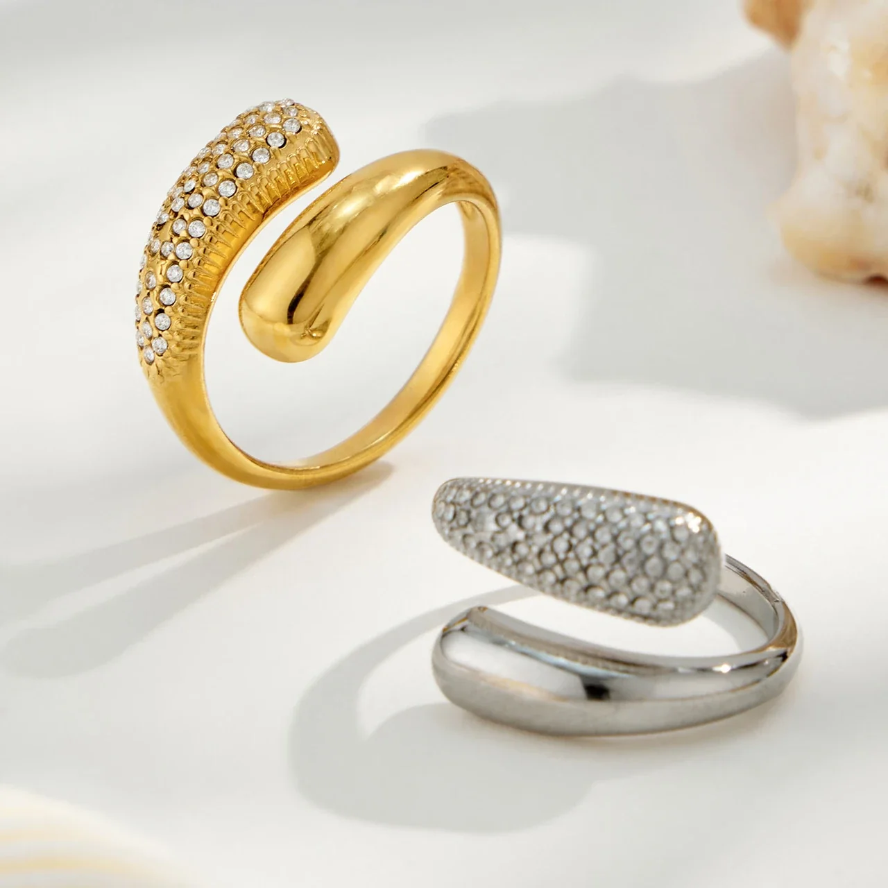 Open Ring with Teardrop Ends and Pavé Stainless Steel