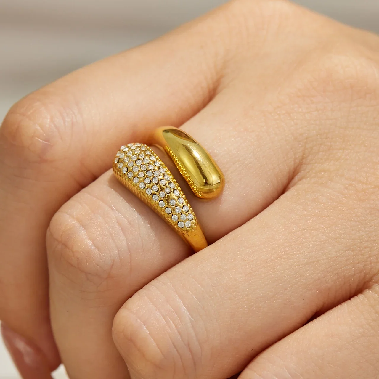 Open Ring with Teardrop Ends and Pavé Stainless Steel