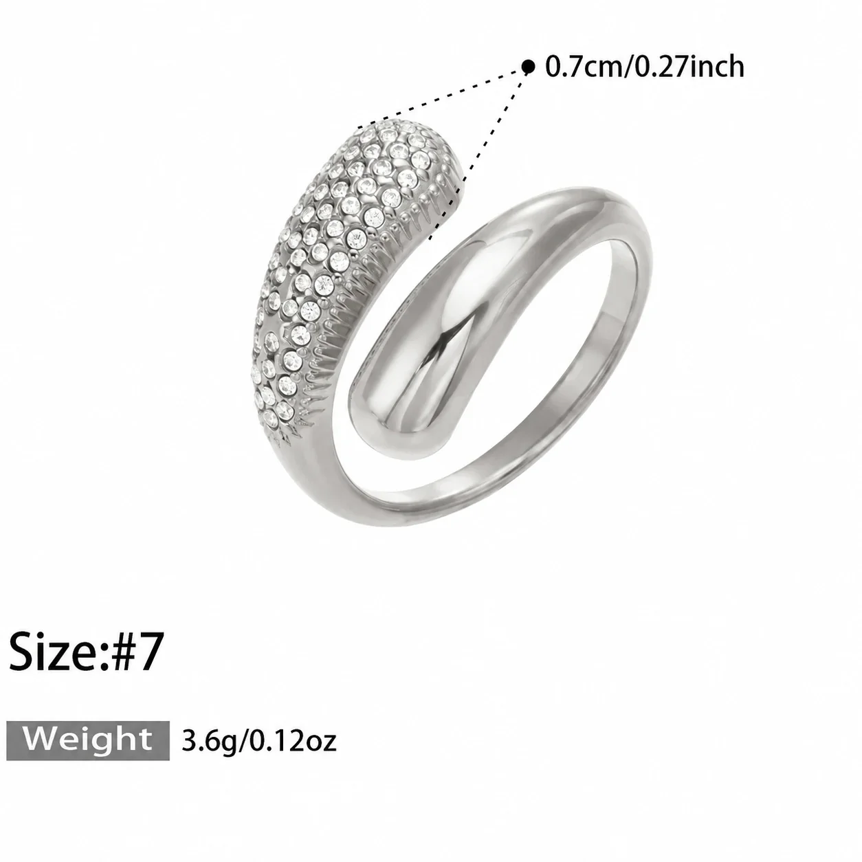 Open Ring with Teardrop Ends and Pavé Stainless Steel - Silver Clear Cubic Zirconia