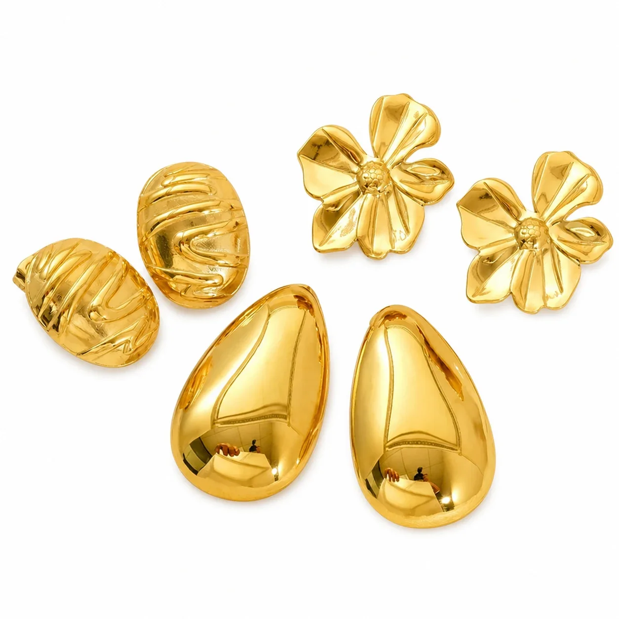 Sculptural Gold-Plated Petal Teardrop Stud Earrings