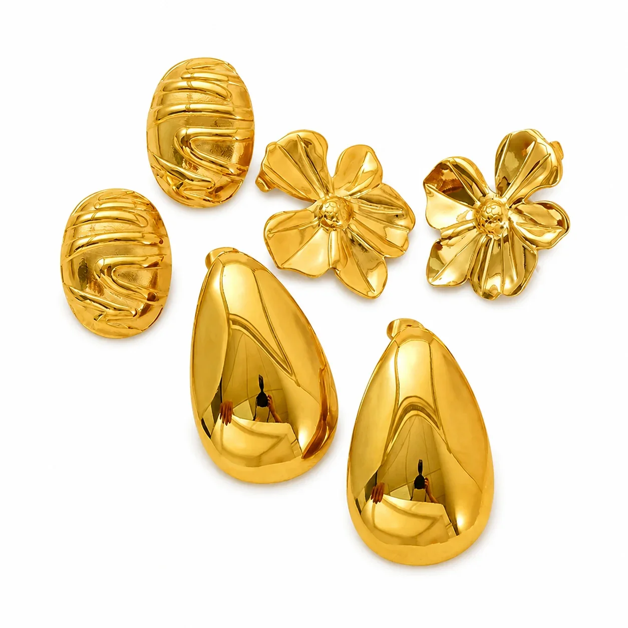 Sculptural Gold-Plated Petal Teardrop Stud Earrings