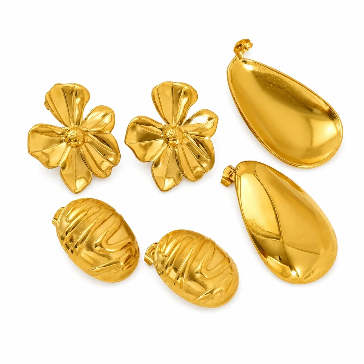 Sculptural Gold-Plated Petal Teardrop Stud Earrings