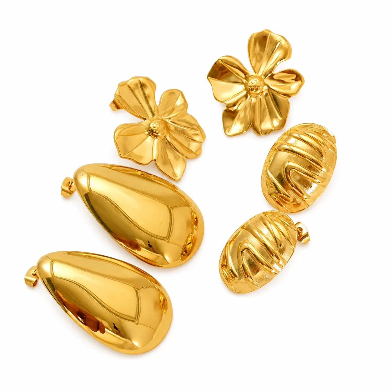 Sculptural Gold-Plated Petal Teardrop Stud Earrings