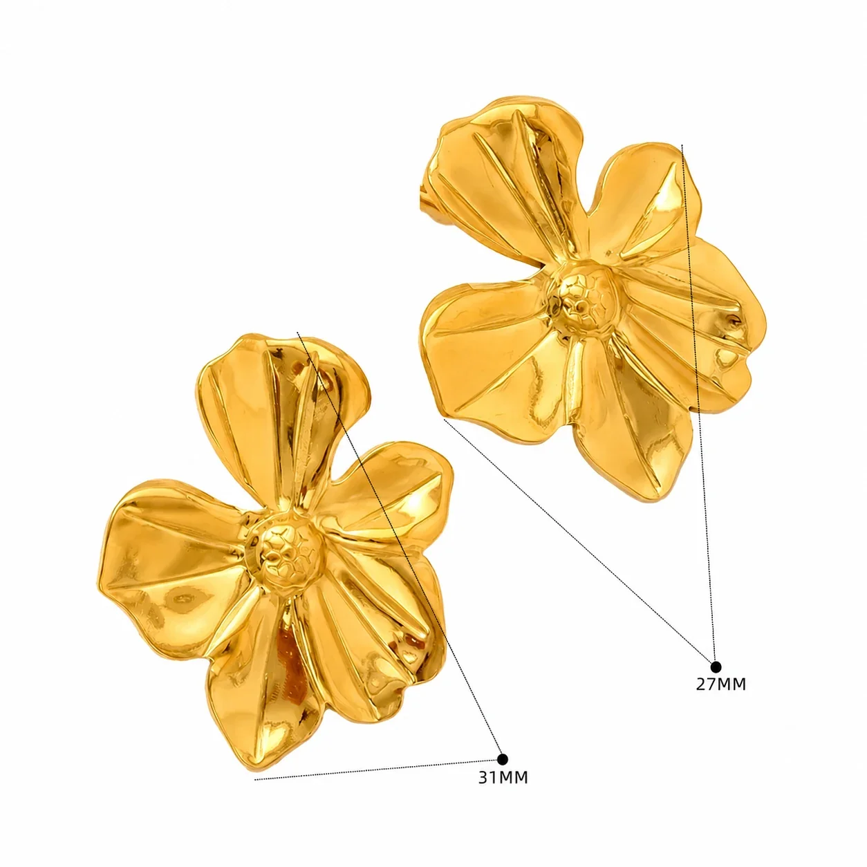 Sculptural Gold-Plated Petal Teardrop Stud Earrings - Gold Ribbed Oval