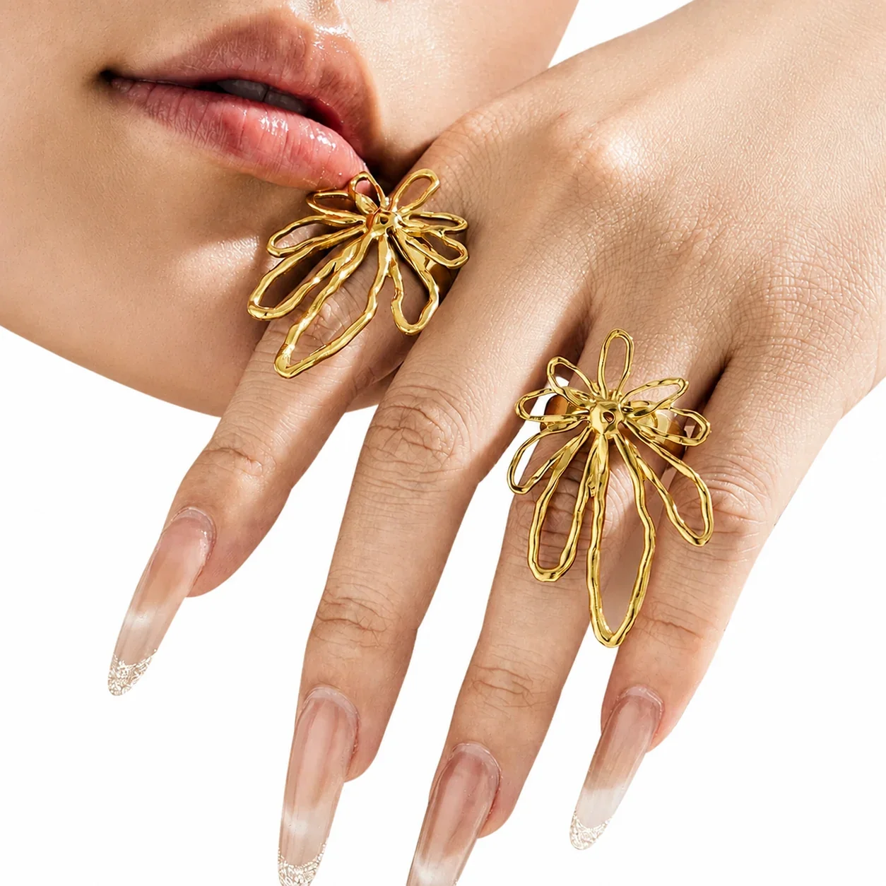 Sculptural Open-Petal Hammered 316L Gold-Plated Ring