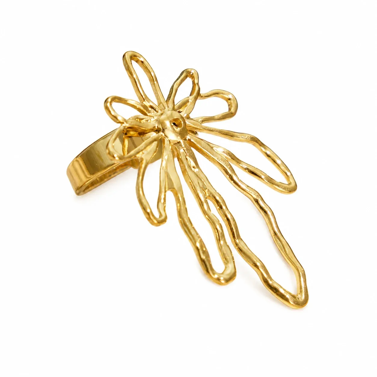 Sculptural Open-Petal Hammered 316L Gold-Plated Ring