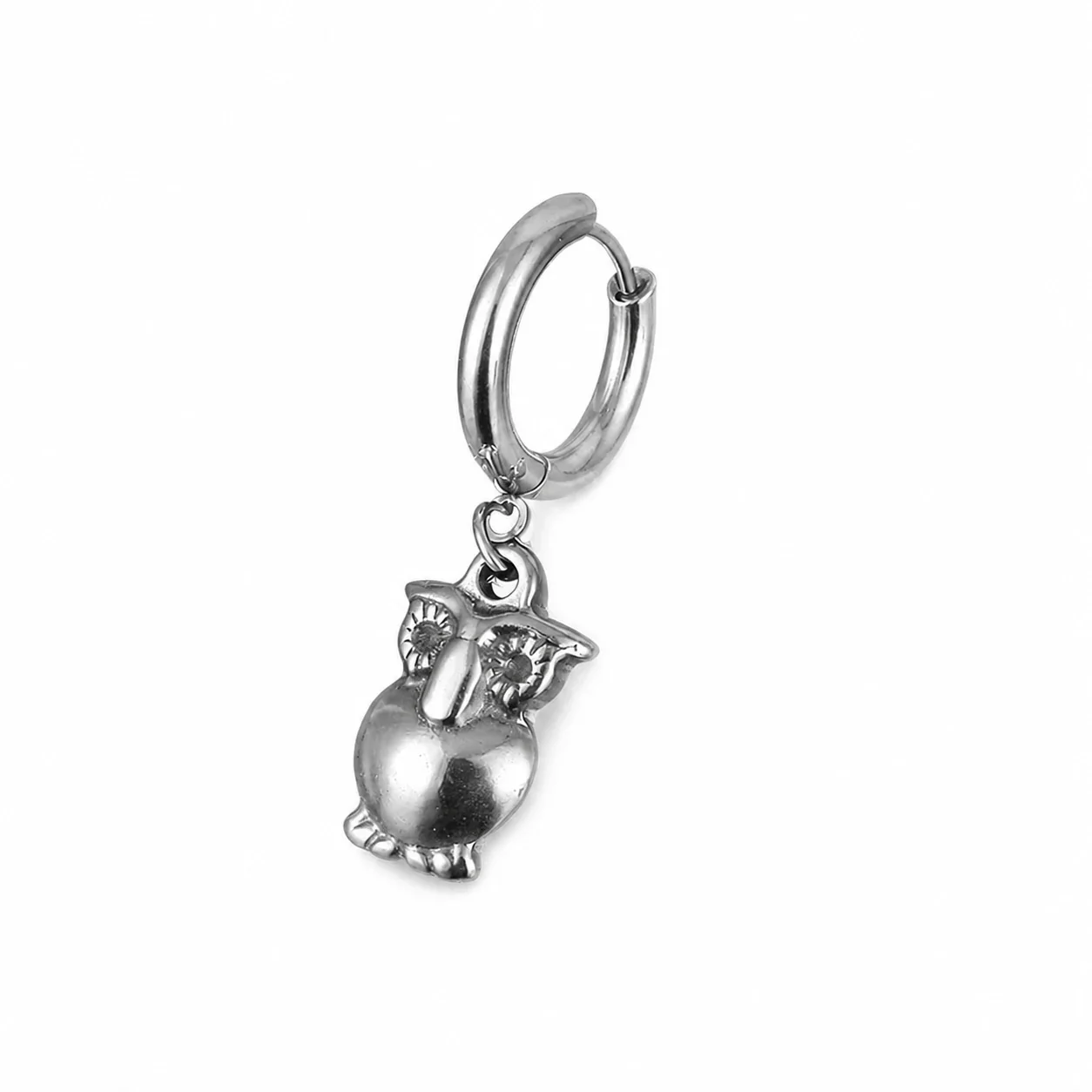 Polished 316 Stainless Steel Charm Hoop Earrings - Silver Owl
