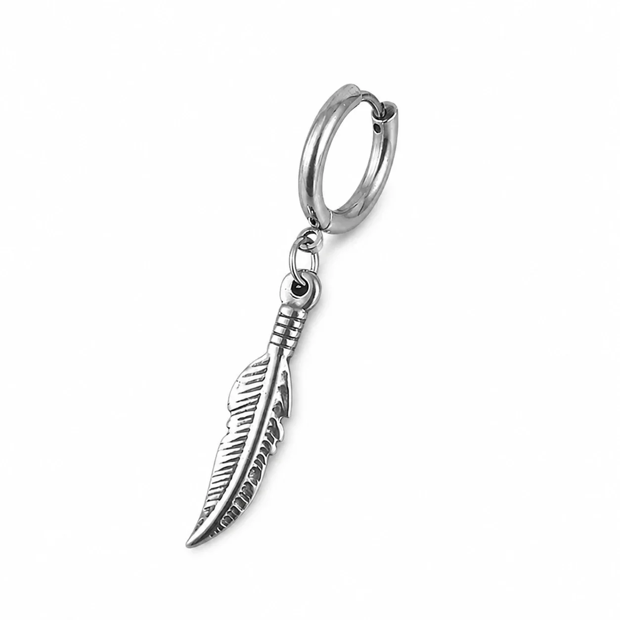 Polished 316 Stainless Steel Charm Hoop Earrings - Silver Feather