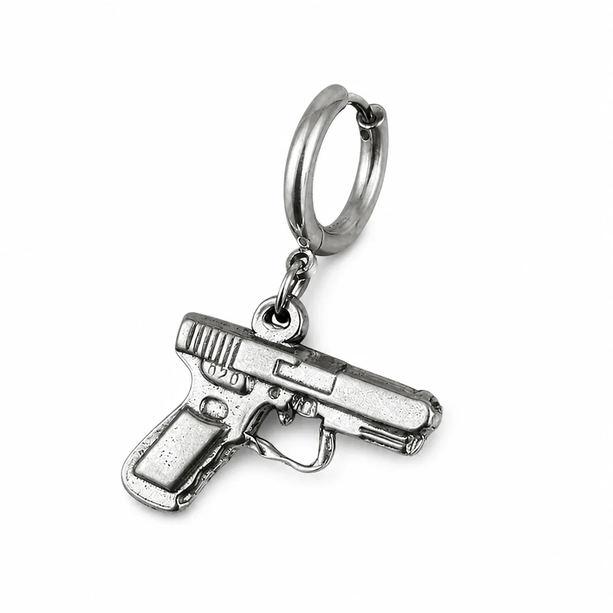 Polished 316 Stainless Steel Charm Hoop Earrings - Silver Pistol