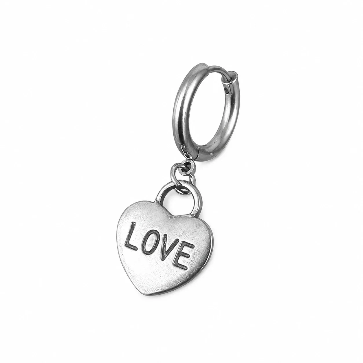 Polished 316 Stainless Steel Charm Hoop Earrings - Silver Love Heart