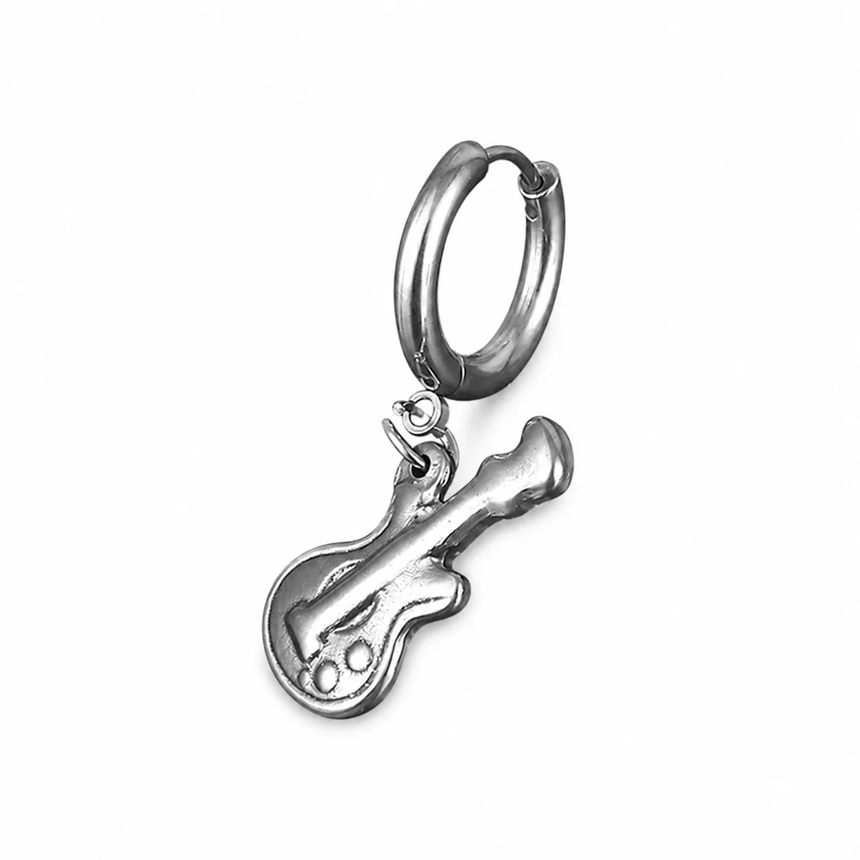 Polished 316 Stainless Steel Charm Hoop Earrings - Silver Guitar