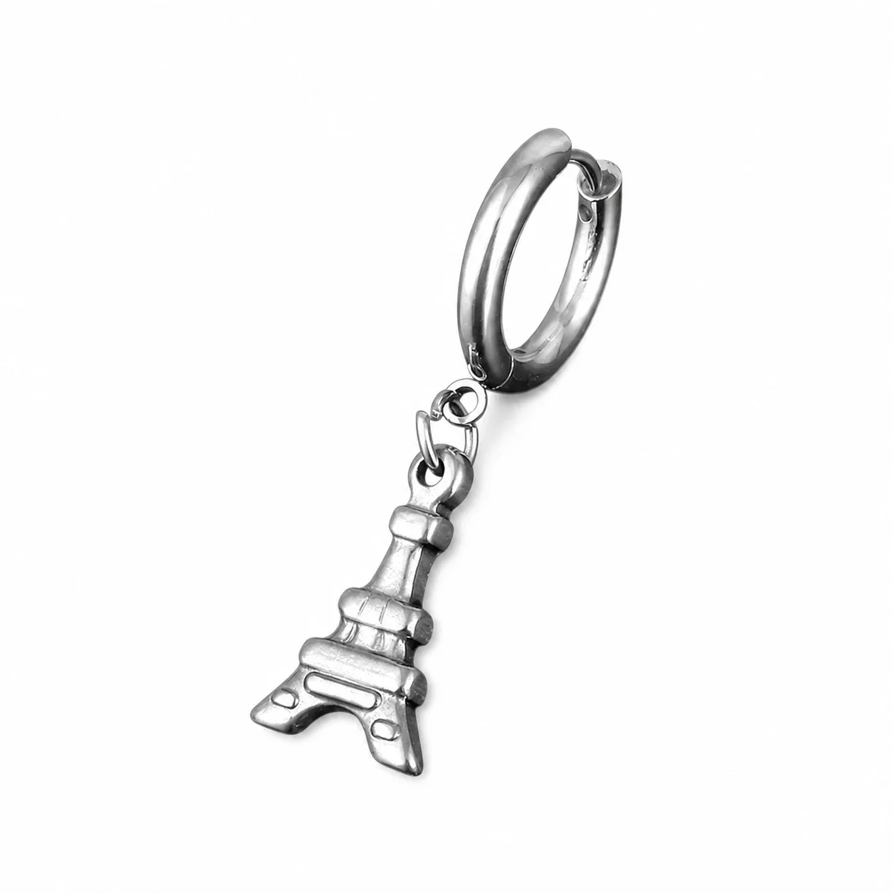 Polished 316 Stainless Steel Charm Hoop Earrings - Silver Eiffel Tower