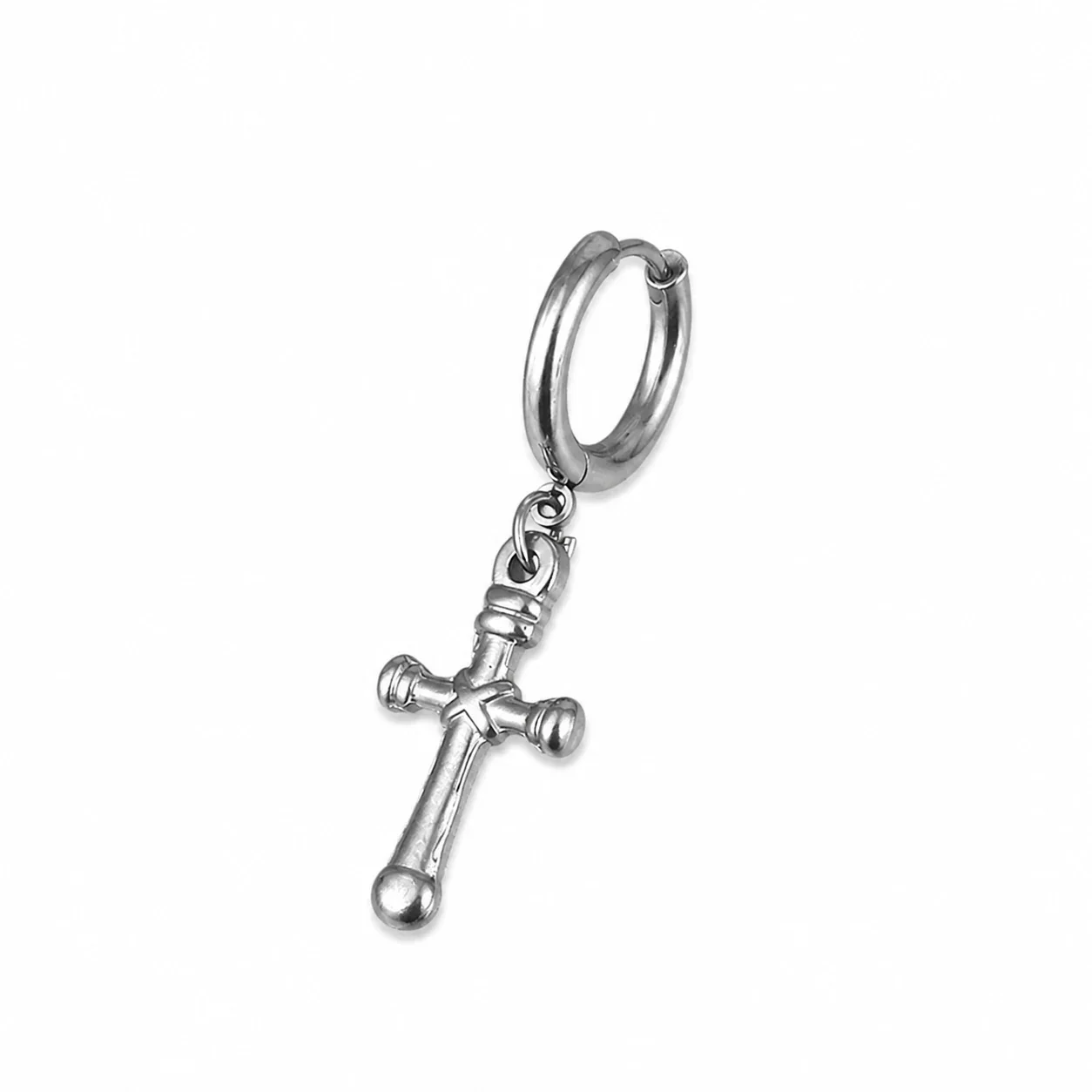 Polished 316 Stainless Steel Charm Hoop Earrings - Silver Cross