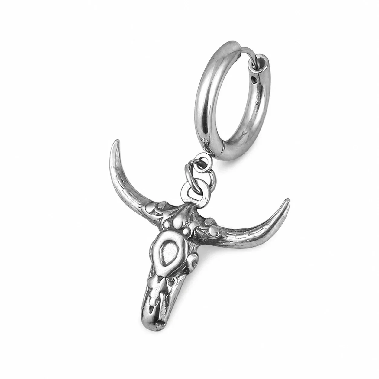Polished 316 Stainless Steel Charm Hoop Earrings - Silver Bull Head