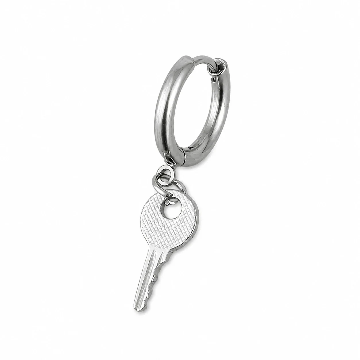 Polished 316 Stainless Steel Charm Hoop Earrings - Silver Key