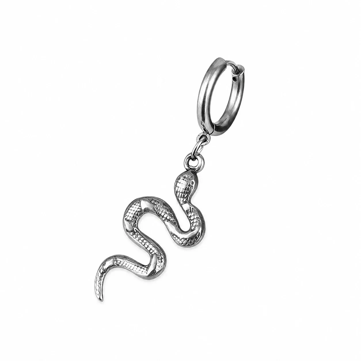 Polished 316 Stainless Steel Charm Hoop Earrings - Silver Snake