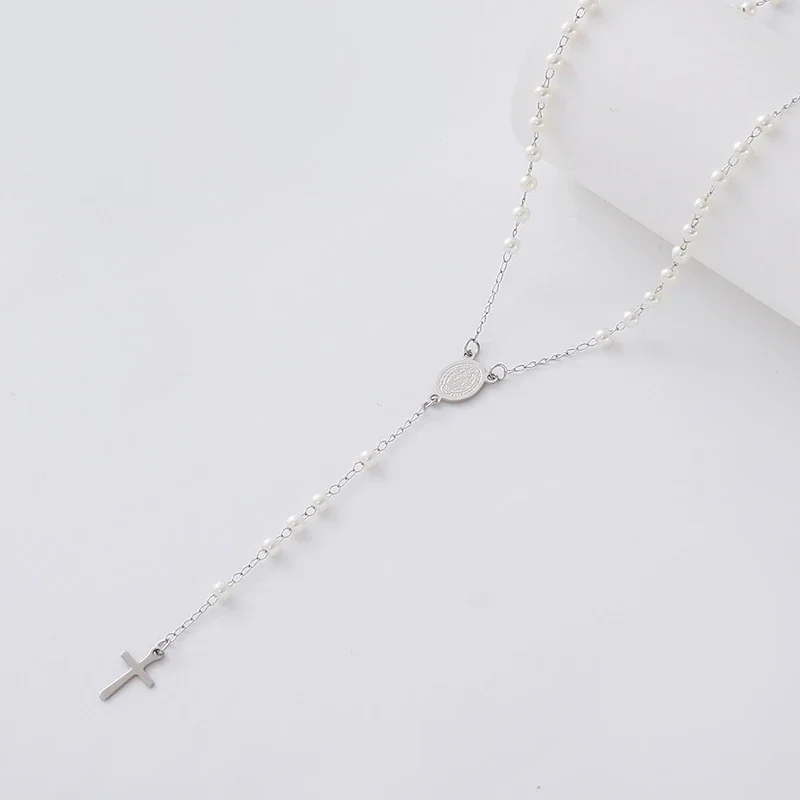 Delicate 316 Stainless Steel Pearl Rosary Necklace