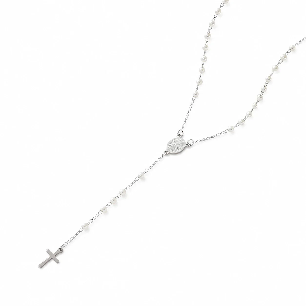 Delicate 316 Stainless Steel Pearl Rosary Necklace - Gold Ivory Pearl