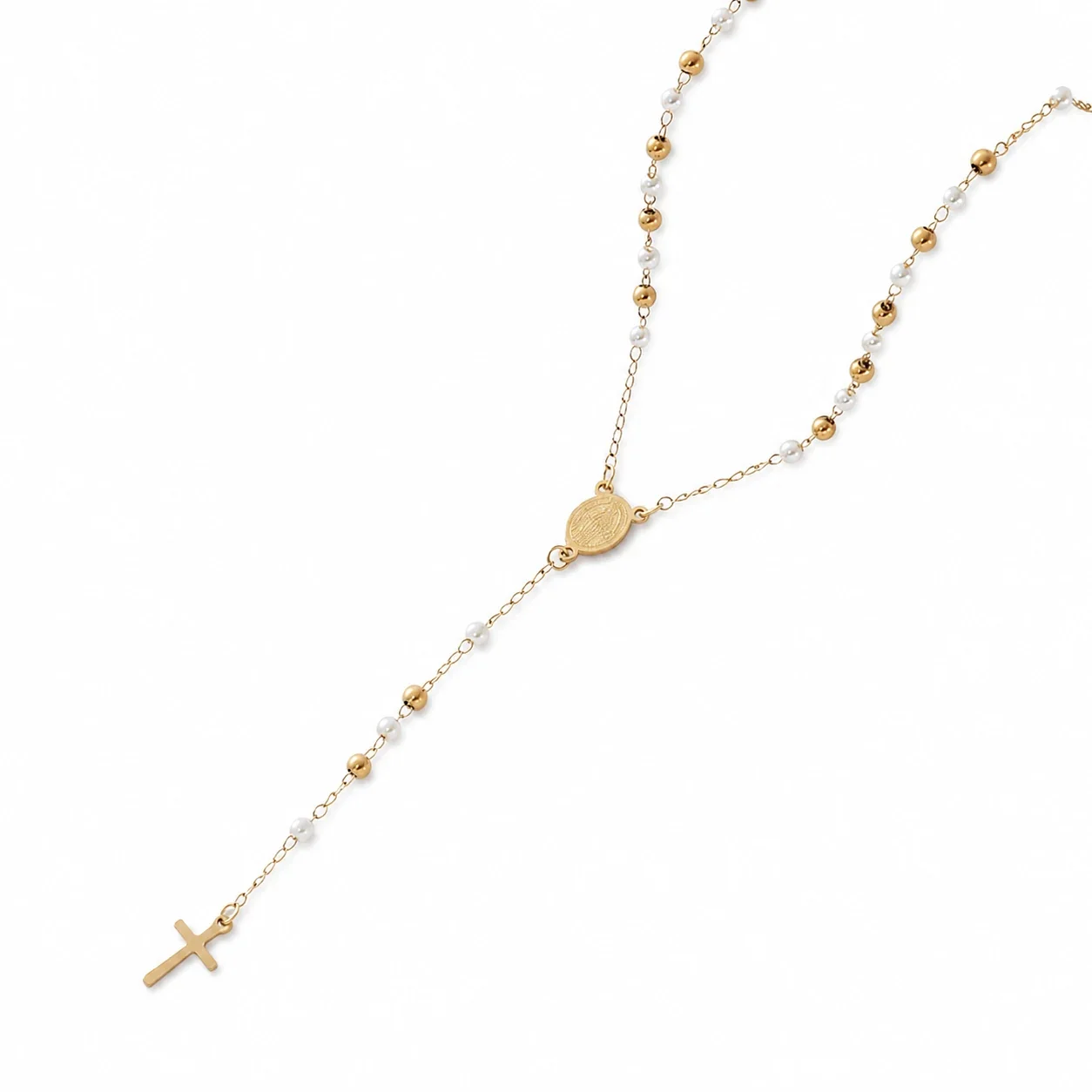 Delicate 316 Stainless Steel Pearl Rosary Necklace - Silver White Pearl