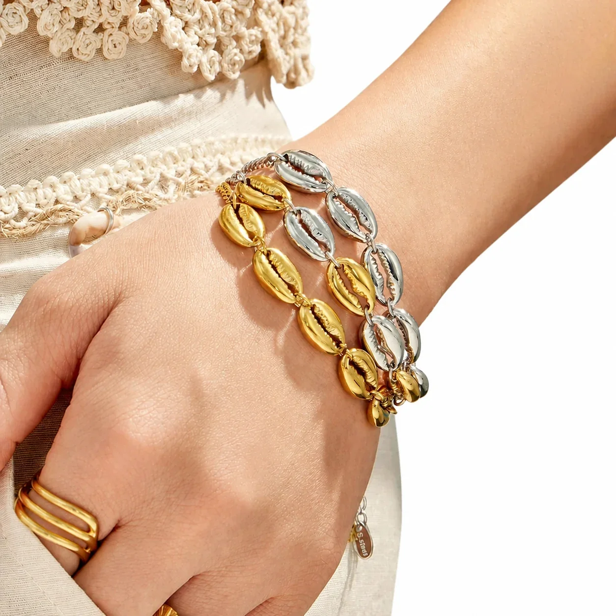 Cowrie Shell 316L Stainless Steel Gold PVD Chain Bracelet