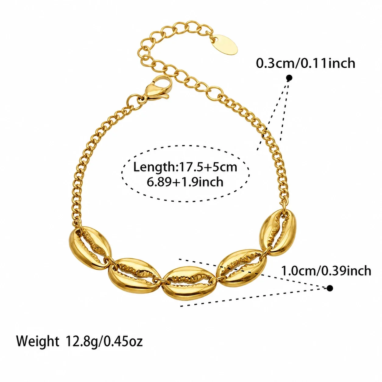 Cowrie Shell 316L Stainless Steel Gold PVD Chain Bracelet - Gold Shell