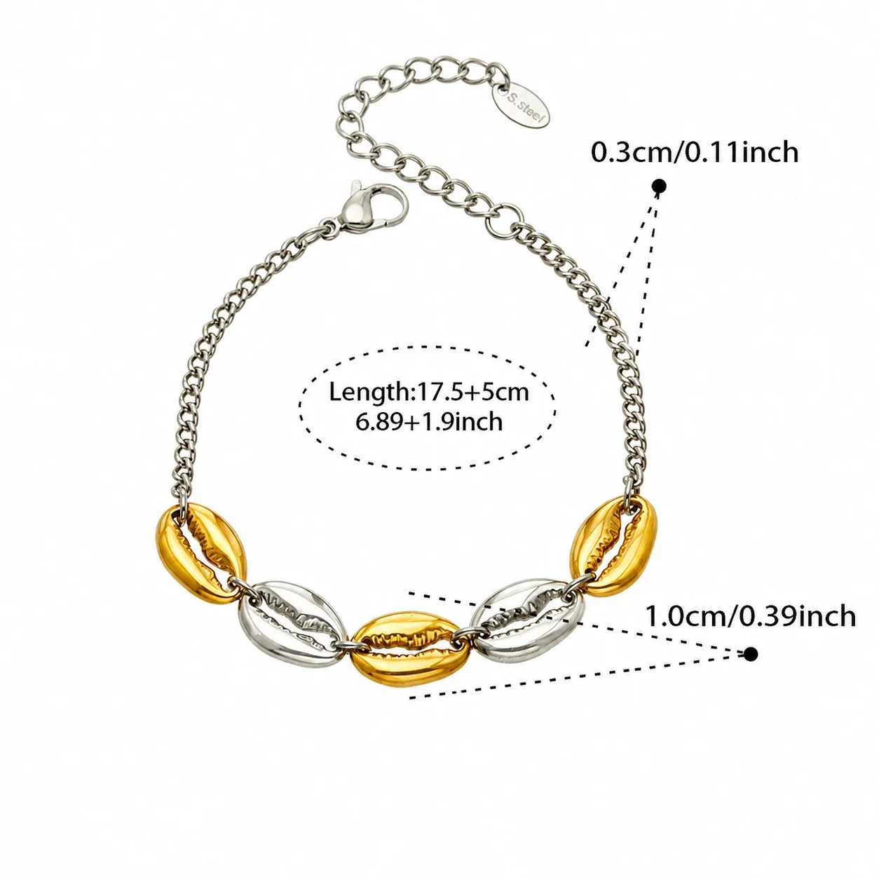 Cowrie Shell 316L Stainless Steel Gold PVD Chain Bracelet - Two-Tone Shell