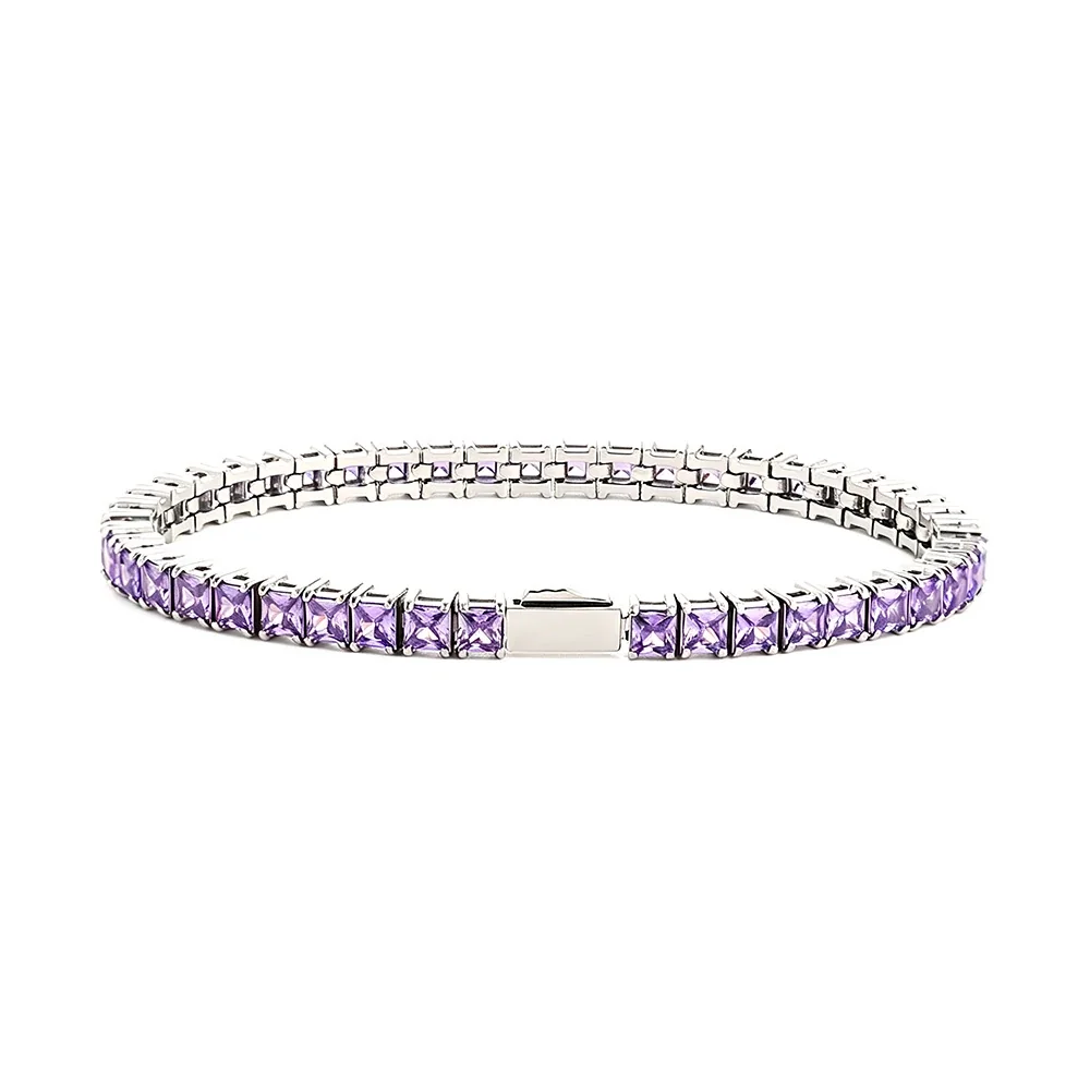 Sleek 316 Stainless Steel Square CZ Tennis Bracelet - Silver mm Square Purple CZ