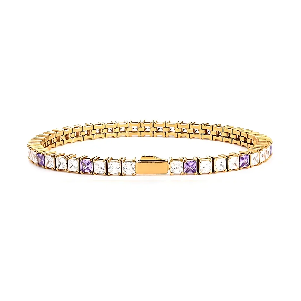 Sleek 316 Stainless Steel Square CZ Tennis Bracelet - Gold mm Square CZ White Purple