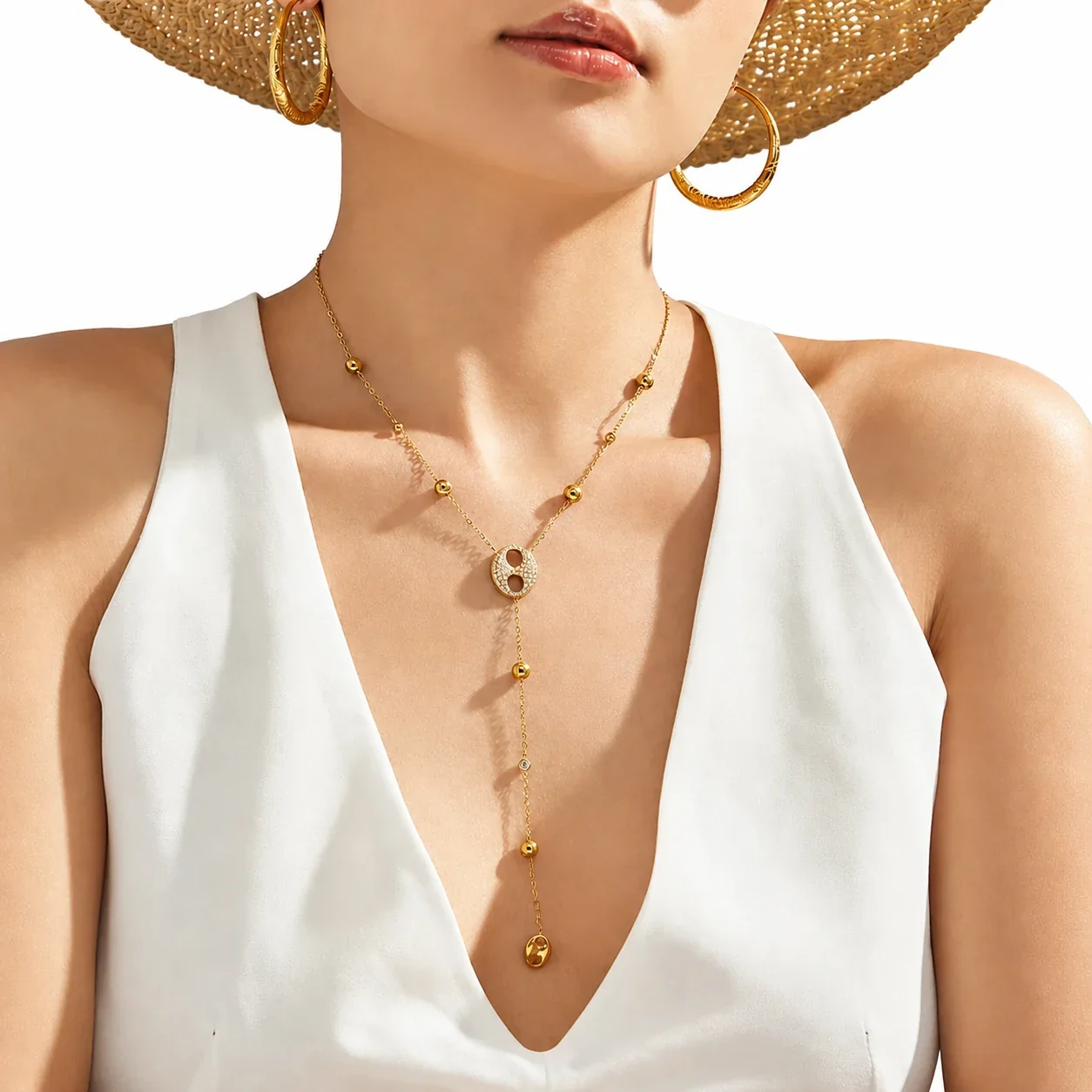 Radiant Gold PVD 316L Stainless Steel Pavé Disc Y Necklace