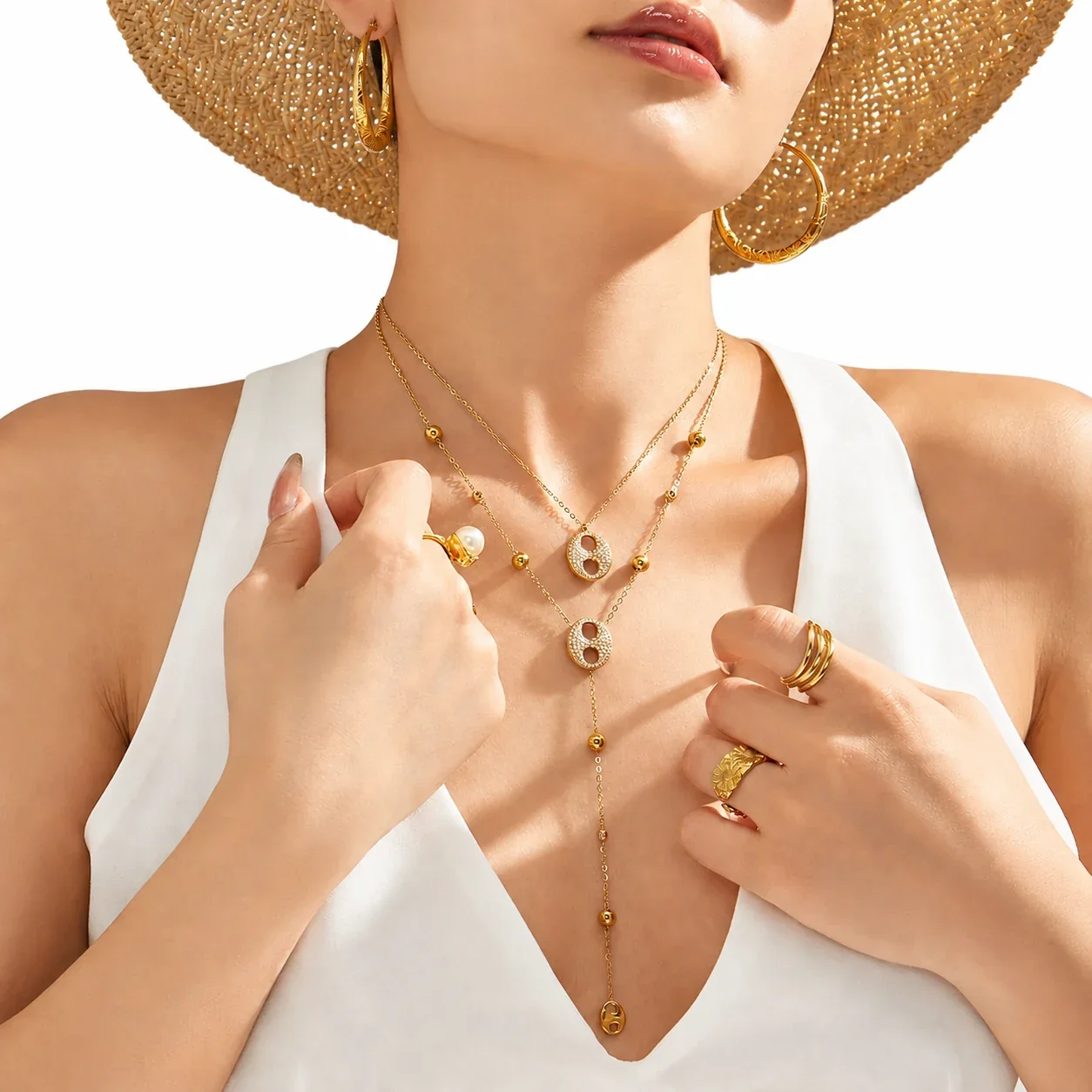 Radiant Gold PVD 316L Stainless Steel Pavé Disc Y Necklace