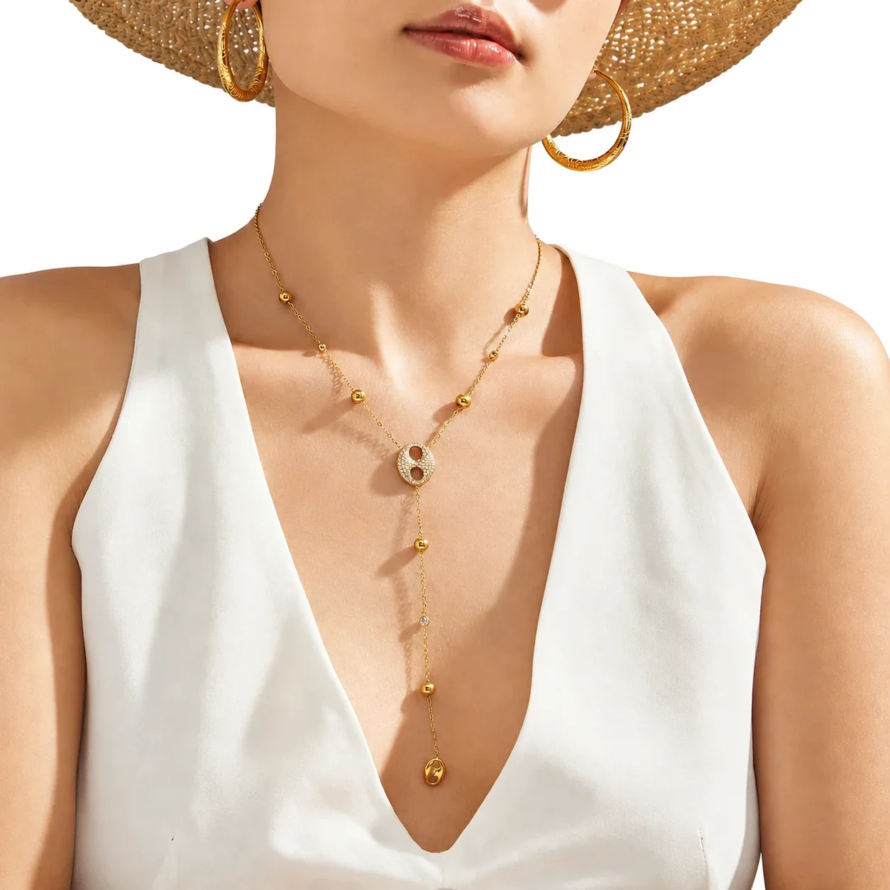 Radiant Gold PVD 316L Stainless Steel Pavé Disc Y Necklace
