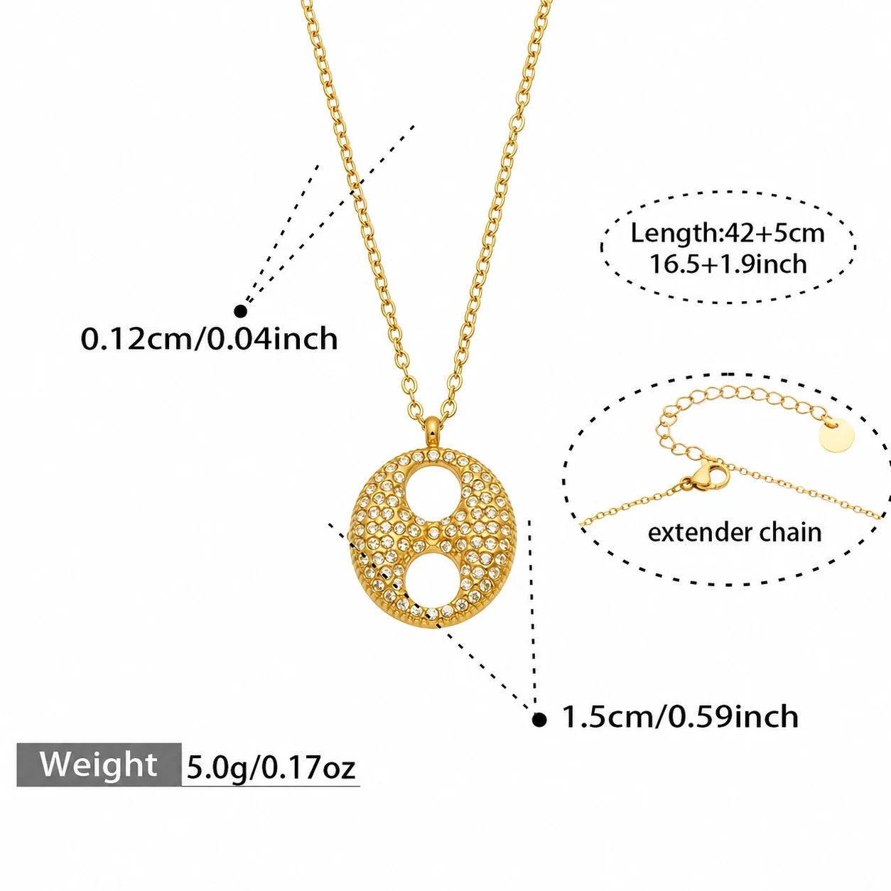 Radiant Gold PVD 316L Stainless Steel Pavé Disc Y Necklace - Gold CZ Disc 42+5 cm