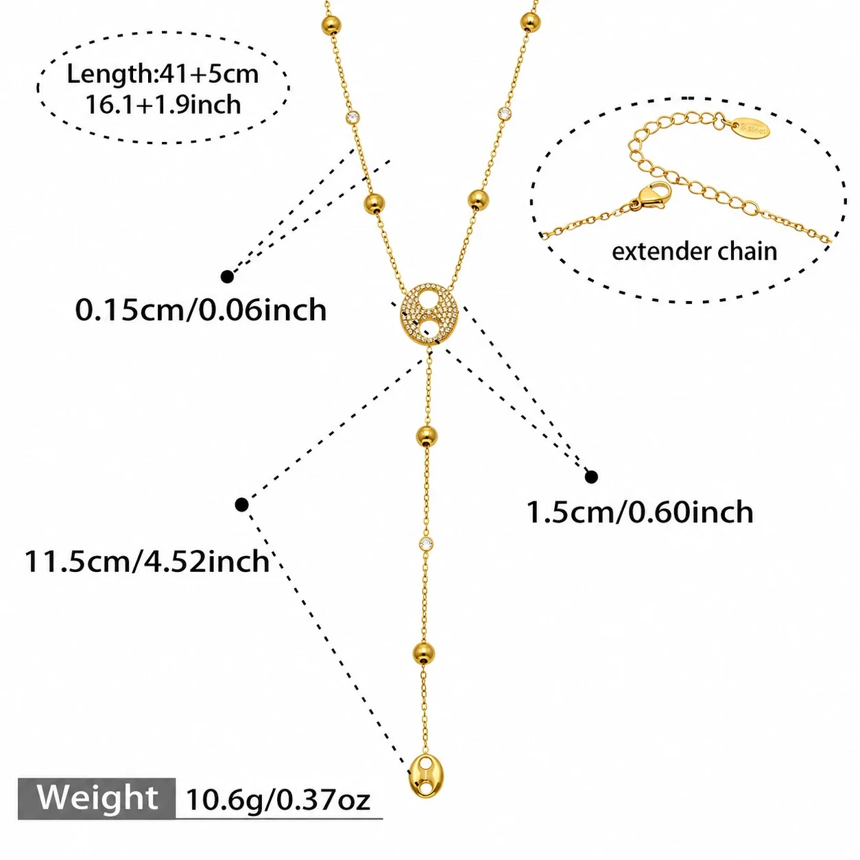 Radiant Gold PVD 316L Stainless Steel Pavé Disc Y Necklace - Gold CZ Disc Y 41+5 cm
